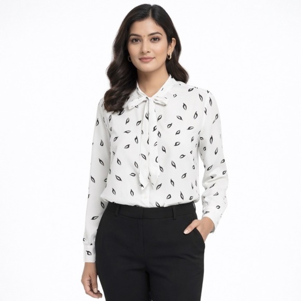 H&M White Black Abstract Print Bow Tie Neck Blouse Long Sleeve Top 10 80-721